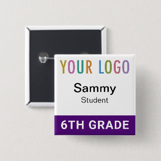 Bóton Quadrado 5.08cm Purple Student Name Badge Button with School Logo