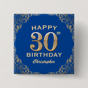 Bóton Quadrado 5.08cm Quadro azul e brilhante Dourado do aniversário de 