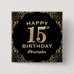 Bóton Quadrado 5.08cm Quadro de Festa de aniversário preto e brilhante D