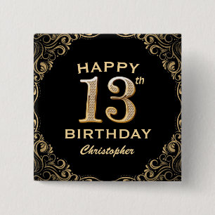 Bóton Quadrado 5.08cm Quadro de Festa de aniversário preto e brilhante D