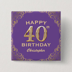 Bóton Quadrado 5.08cm Quadro de Largura Dourada e Roxa do aniversário de
