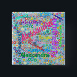Bóton Quadrado 5.08cm Qualquer Colagem de Nome com Botão Personalizado F<br><div class="desc">Este botão apresenta um design colorido com o nome de sua escolha que aparece em várias fontes e cores diferentes. Os nomes são exibidos sobre um fundo azul com flores coloridas. Excelente como um nome ou apenas por diversão!</div>