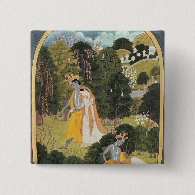 Bóton Quadrado 5.08cm Radha e Krishna que andam em um bosque (Frente)