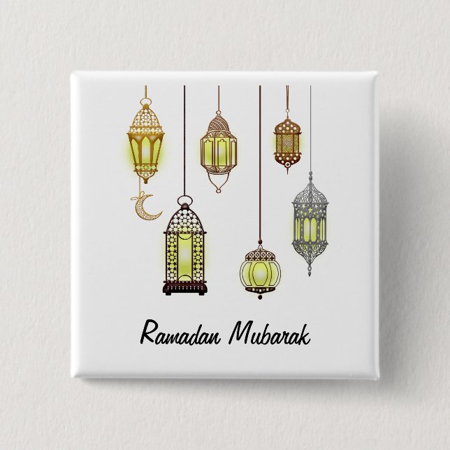 Bóton Quadrado 5.08cm Ramadan Kareem Crescent Lanternas Mubarak Islâmico (Frente)