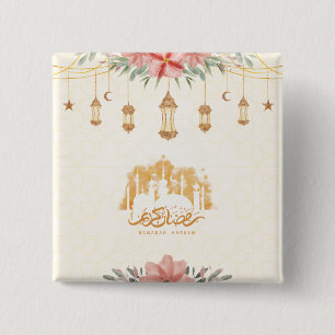 Bóton Quadrado 5.08cm Ramadan Kareem Iftar Floral Watercolor Lanternas