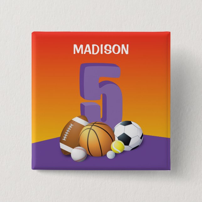 Bóton Quadrado 5.08cm Rapariga 5 Birthday Sports Balls (Frente)