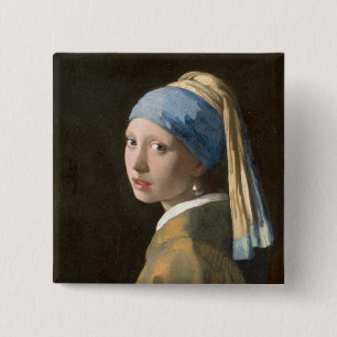 Bóton Quadrado 5.08cm Rapariga com pérolas e Arte Vermeer