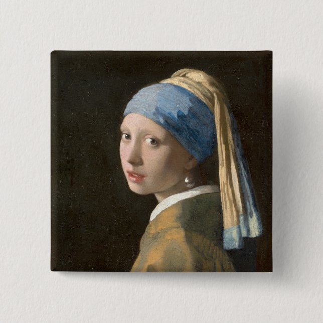 Bóton Quadrado 5.08cm Rapariga com pérolas e Arte Vermeer (Frente)