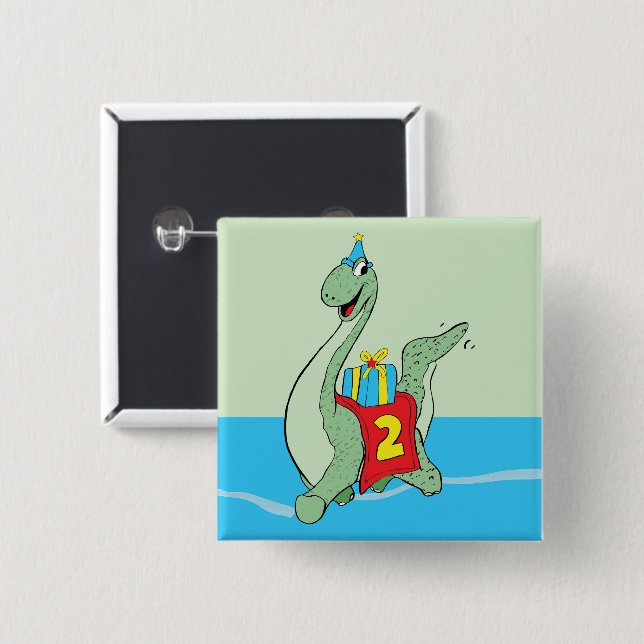 Bóton Quadrado 5.08cm Rapaz, Dinossauro segundo aniversário (Frente & Verso)