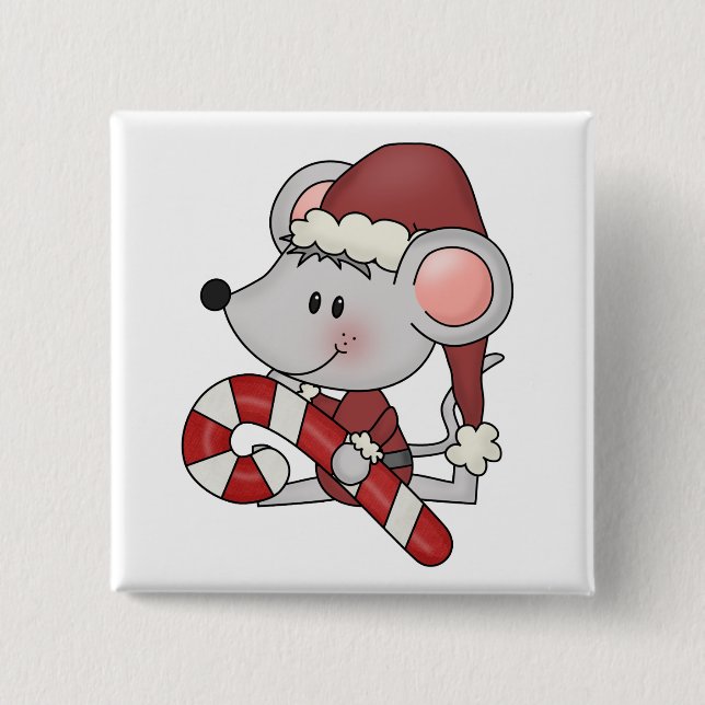 Bóton Quadrado 5.08cm Rato do Natal com bastão de doces (Frente)