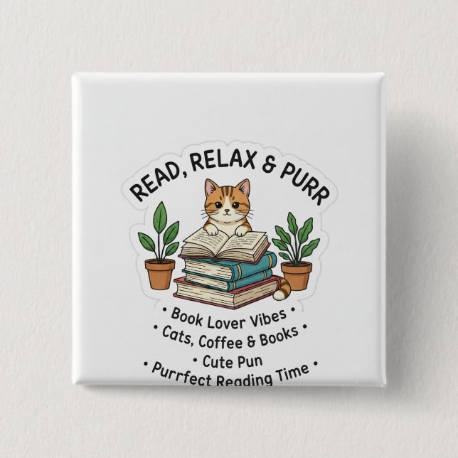 Bóton Quadrado 5.08cm Read Relax & Purr – Cute Cat With Books Sticker |। (Frente)