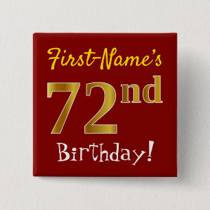 Bóton Quadrado 5.08cm Red, Faux Gold 72nd Birthday, With Custom Name