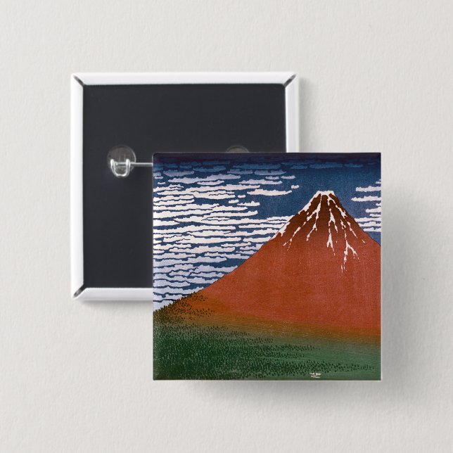 Bóton Quadrado 5.08cm Red Fuji, Aka Fujiyama Volcano Katsushika Hokusai (Frente & Verso)