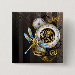 Bóton Quadrado 5.08cm Relógio Steampunk com Dragonfly Mecânica
