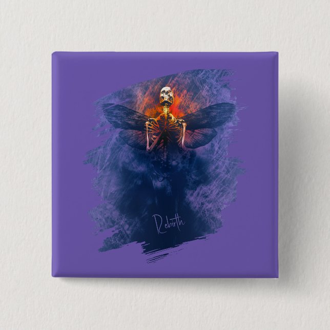 Bóton Quadrado 5.08cm Renascimento. Esqueleto com asas ascensões (Frente)