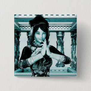Bóton Quadrado 5.08cm Retrato Artístico Azul de Mulher Real Asiática