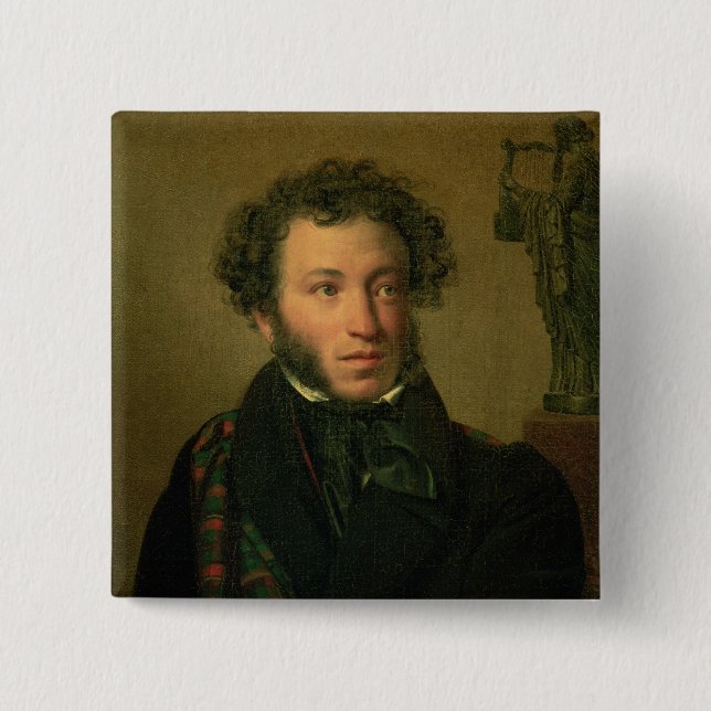 Bóton Quadrado 5.08cm Retrato de Alexander Pushkin, 1827 (Frente)