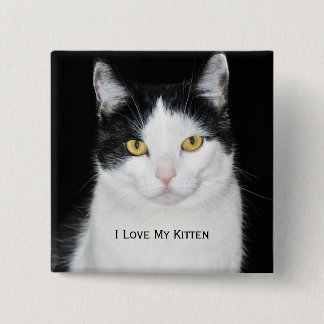 Bóton Quadrado 5.08cm Retrato de Gato Preto e Branco