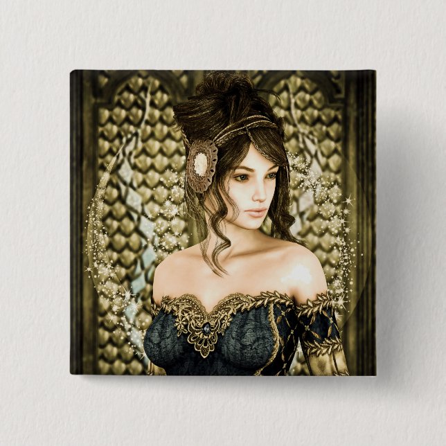 Bóton Quadrado 5.08cm Retrato de Princesa de Conto de Fadas Encantado (Frente)