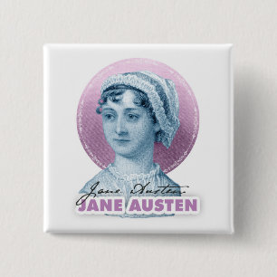 Bóton Quadrado 5.08cm Retrato e assinatura de Jane Austen rosa