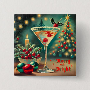 Bóton Quadrado 5.08cm Retro Anos 50 Coquetel Martini de Natal Alegre e R