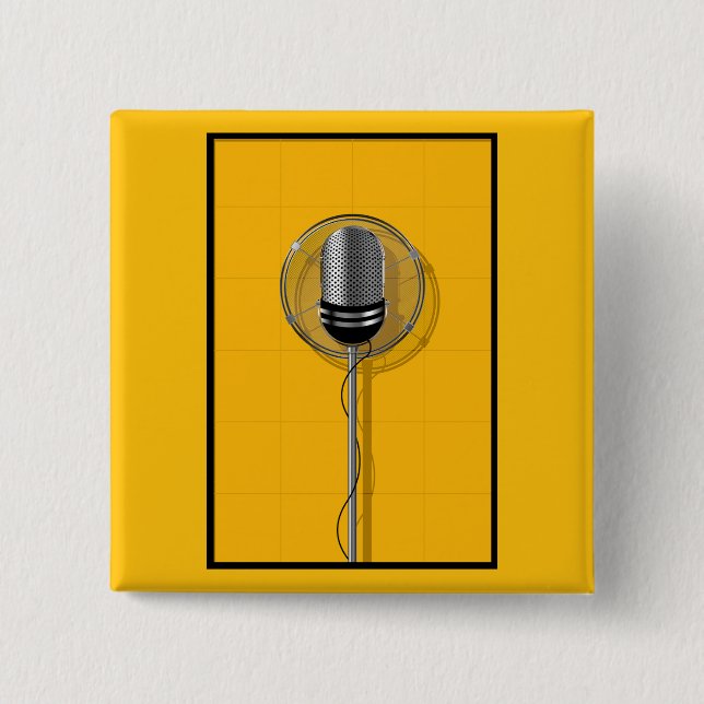 Bóton Quadrado 5.08cm Retro Microphone on Bold Yellow (Frente)