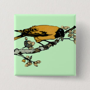 Bóton Quadrado 5.08cm Rielaboração da Ilustração das Aves Vintage Amarel