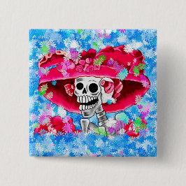 Bóton Quadrado 5.08cm Rindo de Mulher Esqueleta em Red Bonnet