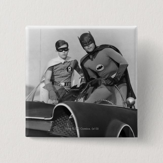 Bóton Quadrado 5.08cm Robin e Batman em Batmobile (Frente)