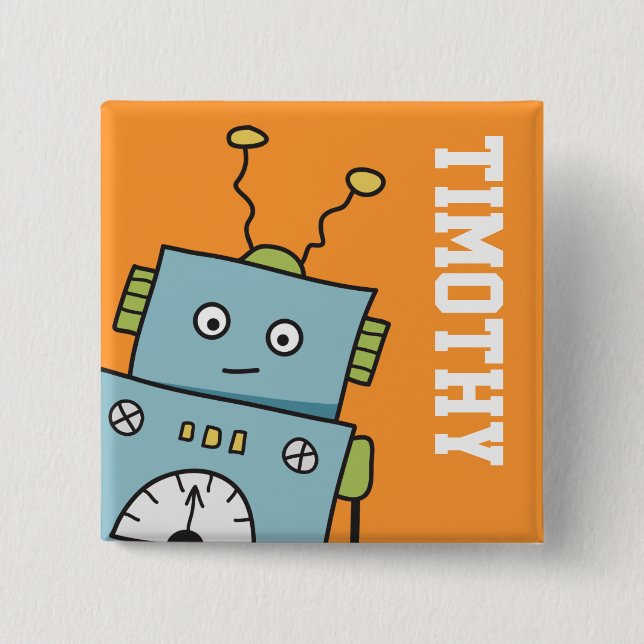 Bóton Quadrado 5.08cm Robô azul bonito com nome personalizado (Frente)