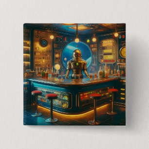 Bóton Quadrado 5.08cm Robô Barman em Bar de Dive da Era Espacial Interes