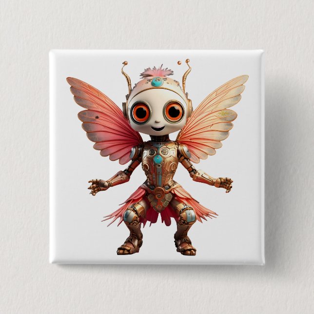 Bóton Quadrado 5.08cm Robô de Dança Fofo Coral Gold Pixie (Frente)