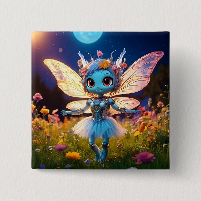 Bóton Quadrado 5.08cm Robô Pixie Bailarina Dançando nos Flores Silvestre (Frente)