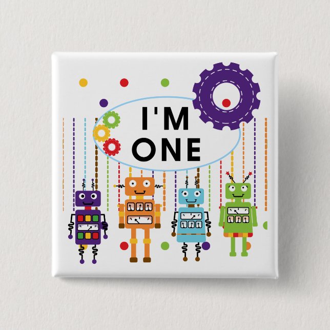 Bóton Quadrado 5.08cm Robot Primeiro Aniversário Camisetas e Presentes (Frente)