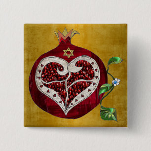 Bóton Quadrado 5.08cm Romã Judaica Coração Hanukkah Rosh Hashanah