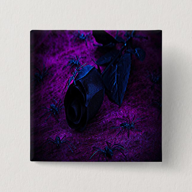 Bóton Quadrado 5.08cm Rosa de Material Negro Spooky, Aranhas Negras (Frente)