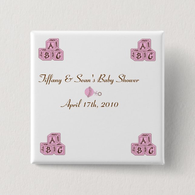 Bóton Quadrado 5.08cm Rosa e blocos do bebê de Brown (Frente)