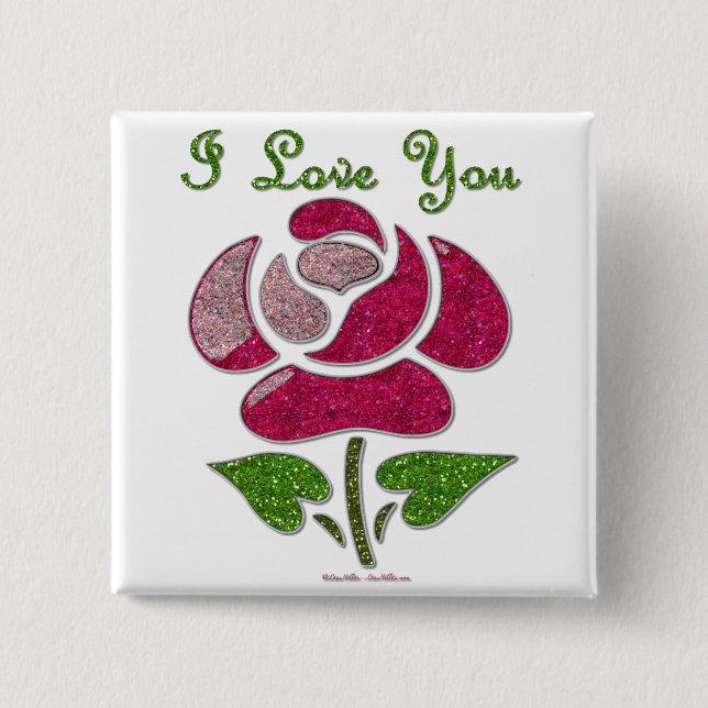 Bóton Quadrado 5.08cm Rosa Estêncil Rosa Eu Te Amo (Frente)