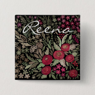 Bóton Quadrado 5.08cm Rosas de aquarelas, sobre fundo preto, aquarela