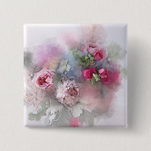 Bóton Quadrado 5.08cm Rosas Flores Aquarela Moderna Elegante