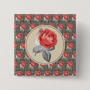 Bóton Quadrado 5.08cm Rosas rosa vintage e padrão xadrez inglês