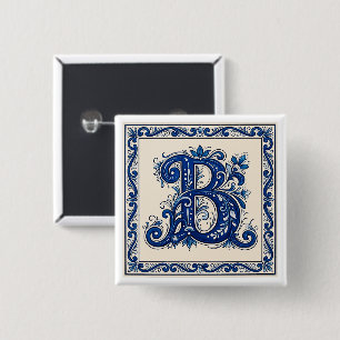 Bóton Quadrado 5.08cm Rosemaling Monograma-Azul da Prússia