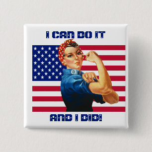 Bóton Quadrado 5.08cm Rosie the Riveter com Slogan Motivacional de Sinal