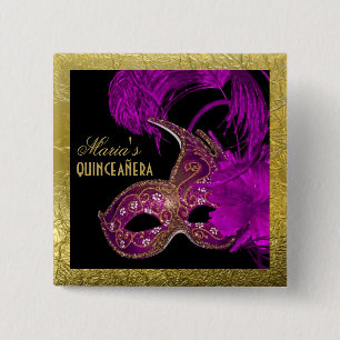 Bóton Quadrado 5.08cm Roxo do aniversário do quinceañera do mascarada