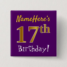 Bóton Quadrado 5.08cm Roxo, Faux Dourado 17º Aniversário, Com Nome Perso