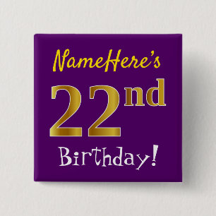 Bóton Quadrado 5.08cm Roxo, Faux Dourado 22º Aniversário, Com Nome Per