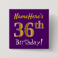 Roxo, Faux Dourado 36º Aniversário, Com Nome Perso