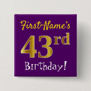 Bóton Quadrado 5.08cm Roxo, Faux Dourado 43º Aniversário, Com Nome Per
