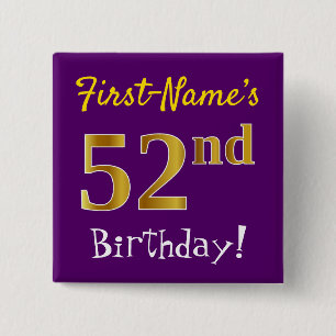 Bóton Quadrado 5.08cm Roxo, Faux Dourado 52º Aniversário, Com Nome Per