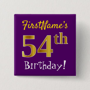 Bóton Quadrado 5.08cm Roxo, Faux Dourado 54º Aniversário, Com Nome Per